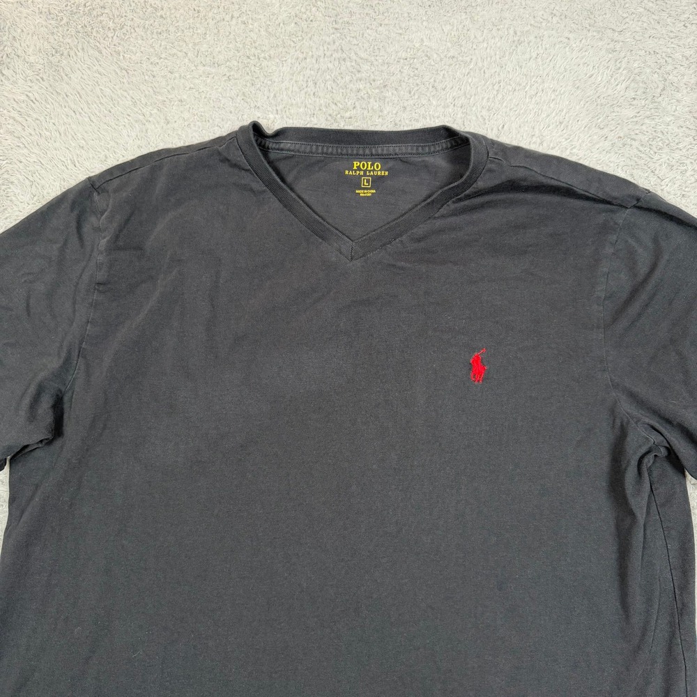Polo Ralph‎ Lauren Mens Black V-Neck T-Shirt Red Pony Logo Cotton Large RN41381 - Picture 4 of 11